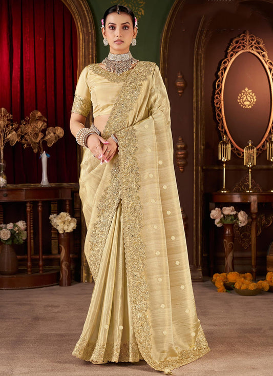 Jacquard Tissue Silk Beige Wedding Wear Border Work Wedding Saree 387807