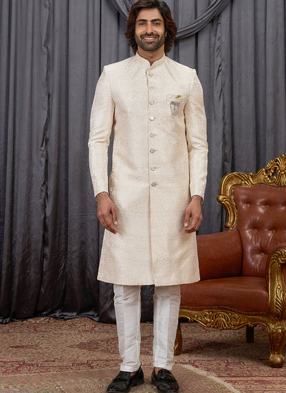 Beige Jaquard  Patten Pcs Wedding Wear Readymade Indowestern Suit SW254317