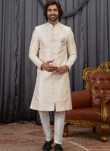 Beige Jaquard  Patten Pcs Wedding Wear Readymade Indowestern Suit SW254317