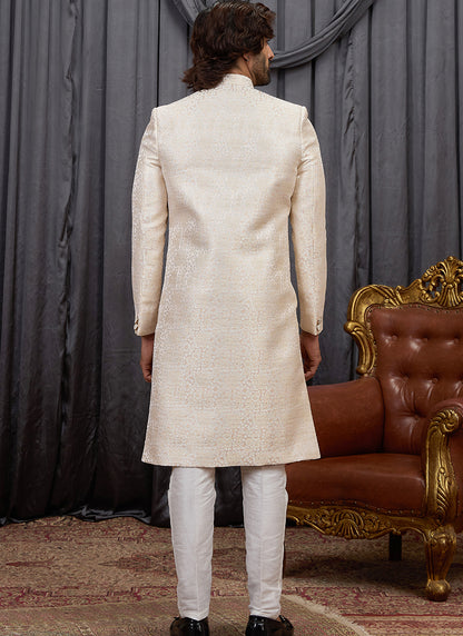 Beige Jaquard  Patten Pcs Wedding Wear Readymade Indowestern Suit SW254317