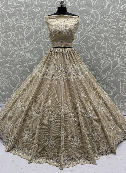 Beige Net Embroidery Work Bridal Wear Lehenga Choli SW552736