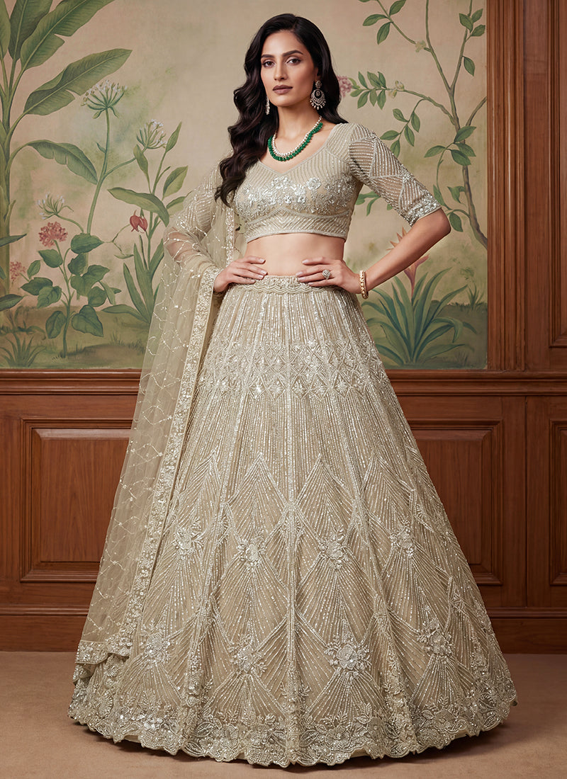 Beige Net Embroidery Work Bridal Wear Lehenga Choli SW552736