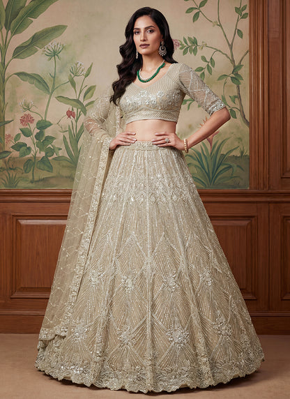 Beige Net Embroidery Work Bridal Wear Lehenga Choli SW552736