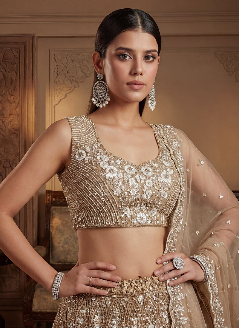 Beige Net Embroidery Work Bridal Wear Lehenga Choli SW920261