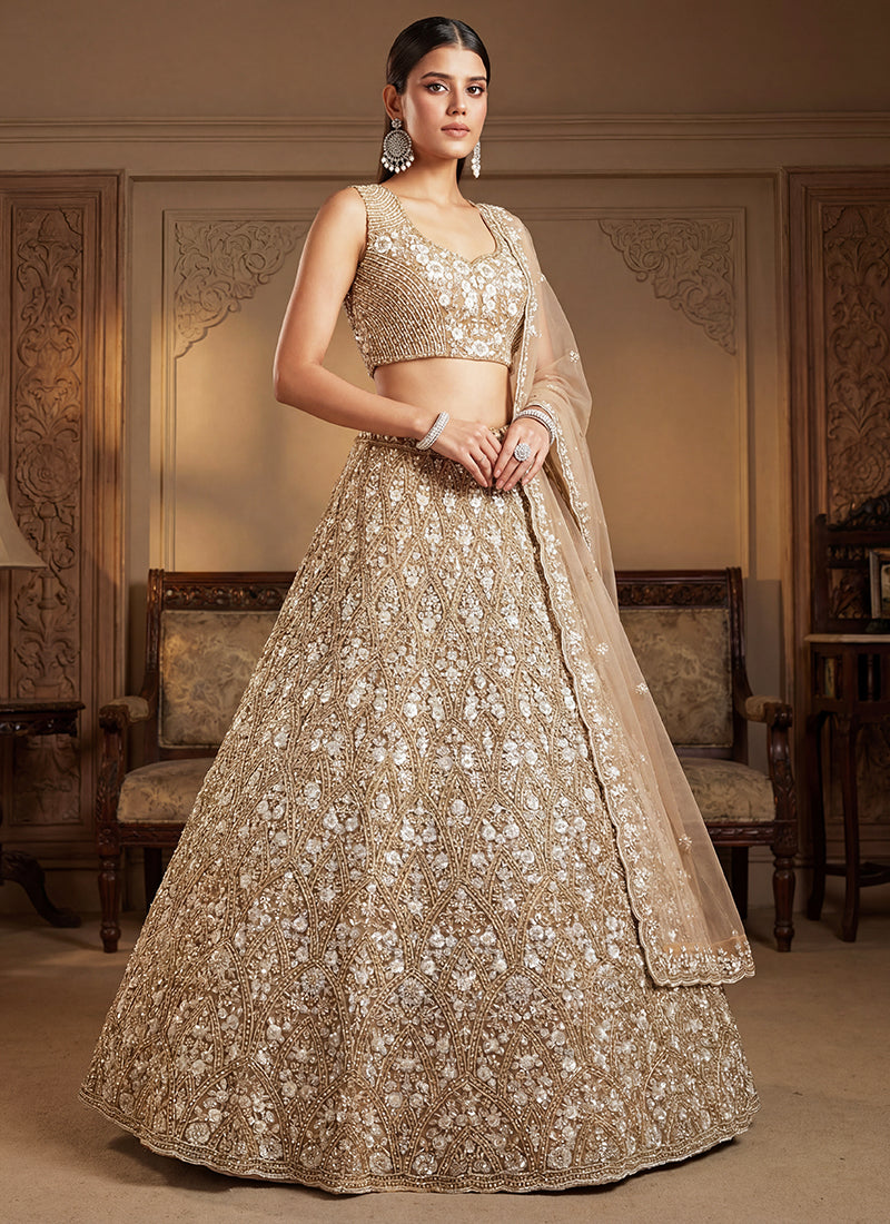 Beige Net Embroidery Work Bridal Wear Lehenga Choli SW920261