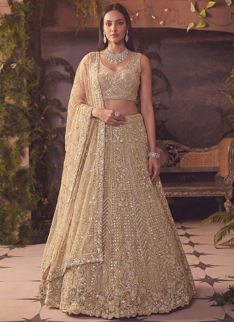 Beige Net Sequins Work  Wedding Wear Lehenga Choli SW600054