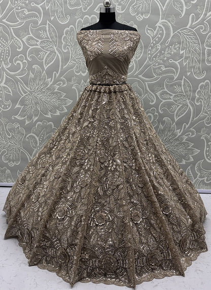 Beige Net Thread Work Wedding Wear Lehenga Choli SW796612