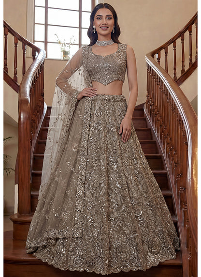 Beige Net Thread Work Wedding Wear Lehenga Choli SW796612