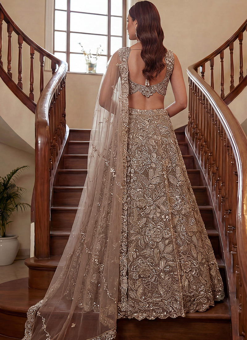 Beige Net Thread Work Wedding Wear Lehenga Choli SW796612