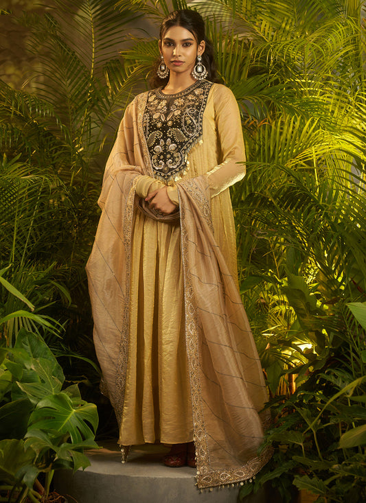 Organza Beige Wedding Wear Embroidery Work Readymade Plazzo Suit 390816