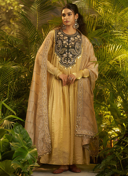 Organza Beige Wedding Wear Embroidery Work Readymade Plazzo Suit 390816