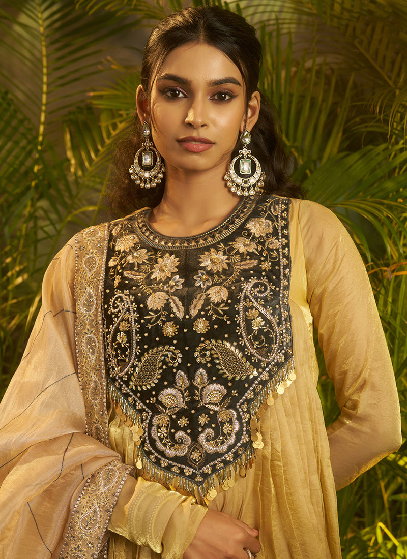 Organza Beige Wedding Wear Embroidery Work Readymade Plazzo Suit 390816