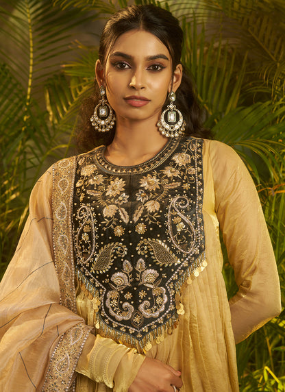 Organza Beige Wedding Wear Embroidery Work Readymade Plazzo Suit 390816