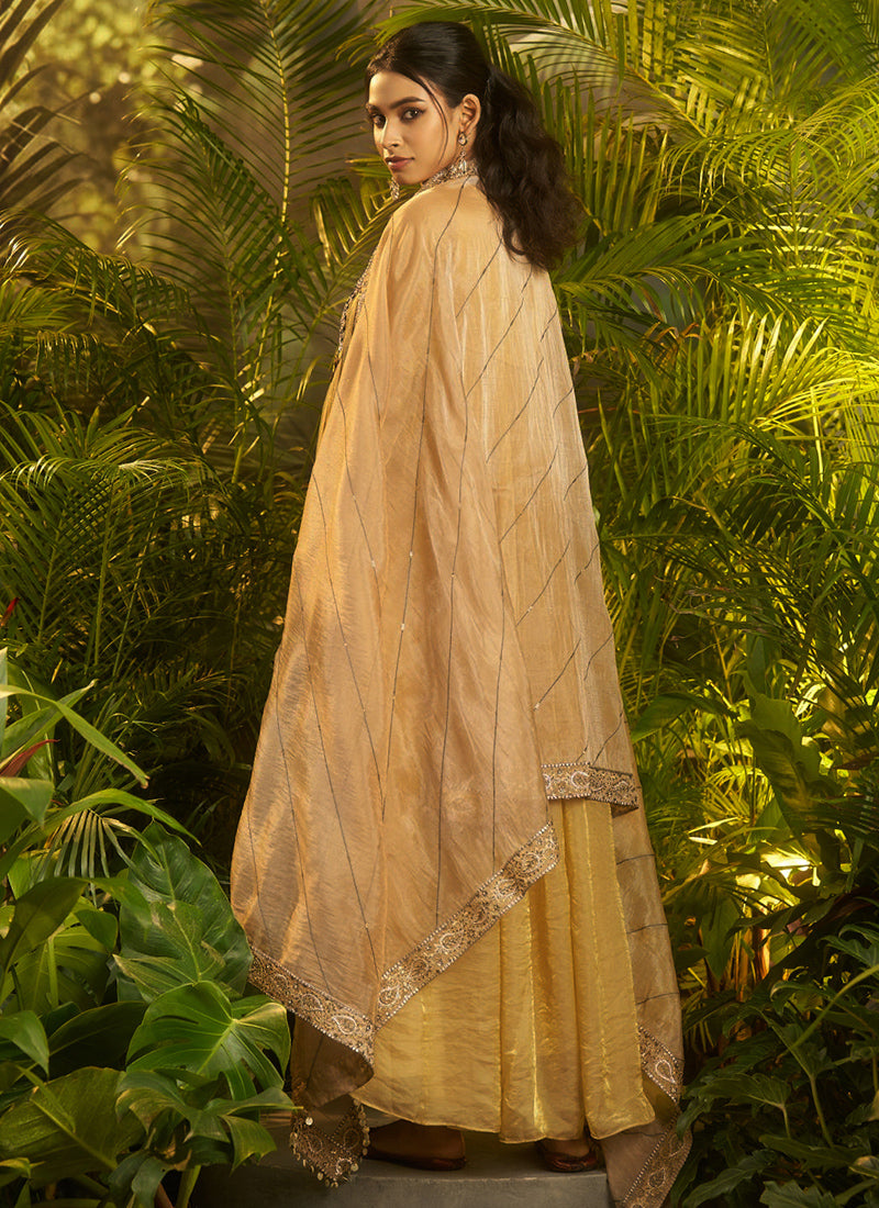 Organza Beige Wedding Wear Embroidery Work Readymade Plazzo Suit 390816