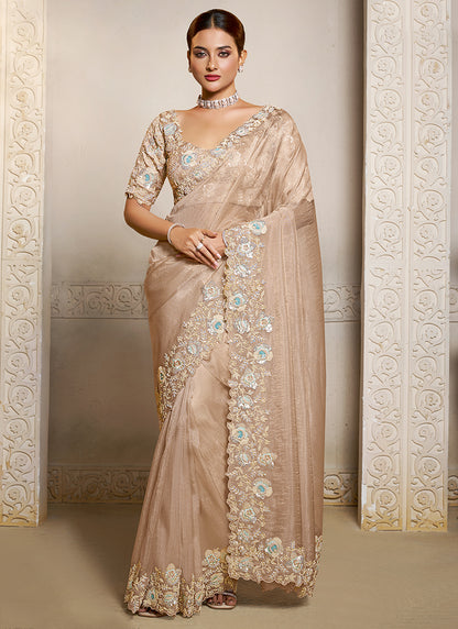Organza Beige Wedding Wear Embroidery Work Saree 386117