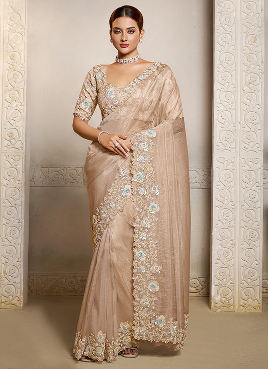 Organza Beige Wedding Wear Embroidery Work Saree 386117