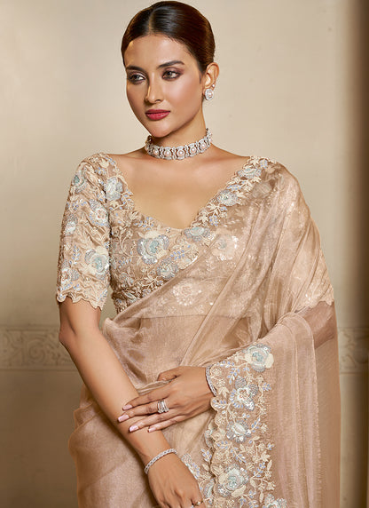 Organza Beige Wedding Wear Embroidery Work Saree 386117