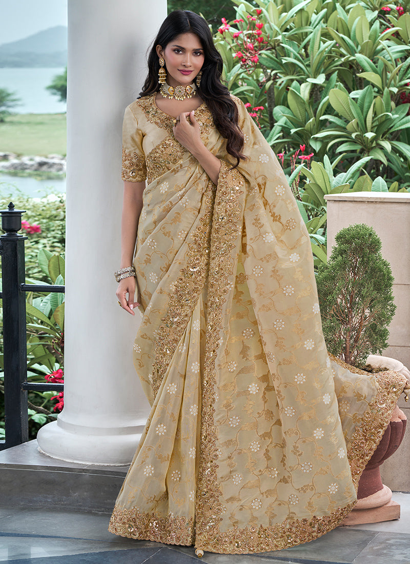 Beige Pure Tissue Silk Embroidery Work Occasional Wear Saree SW365766