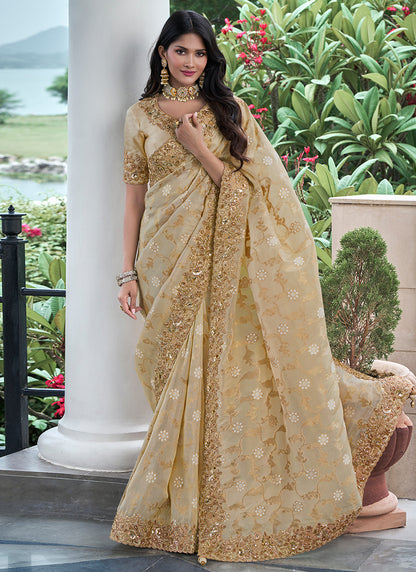 Beige Pure Tissue Silk Embroidery Work Occasional Wear Saree SW365766