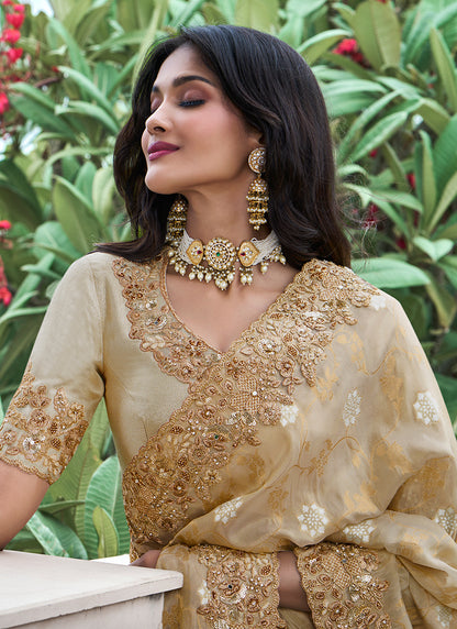 Beige Pure Tissue Silk Embroidery Work Occasional Wear Saree SW365766