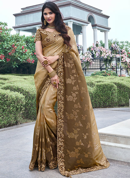 Beige Pure Tissue Silk Embroidery Work Occasional Wear Saree SW963278