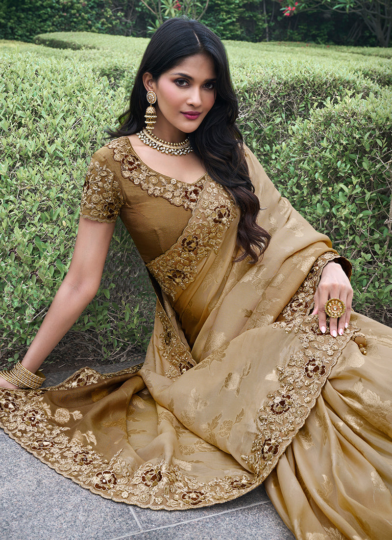 Beige Pure Tissue Silk Embroidery Work Occasional Wear Saree SW963278