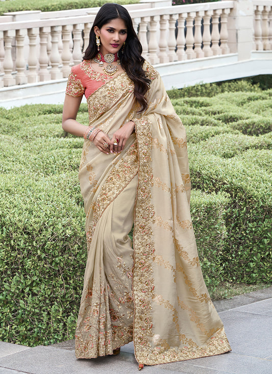 Beige Pure Tissue Silk Embroidery Work Occasional Wear Saree SW517632