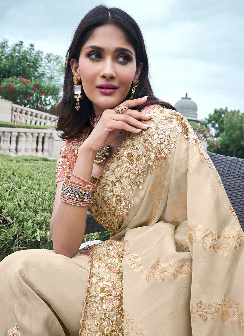 Beige Pure Tissue Silk Embroidery Work Occasional Wear Saree SW517632