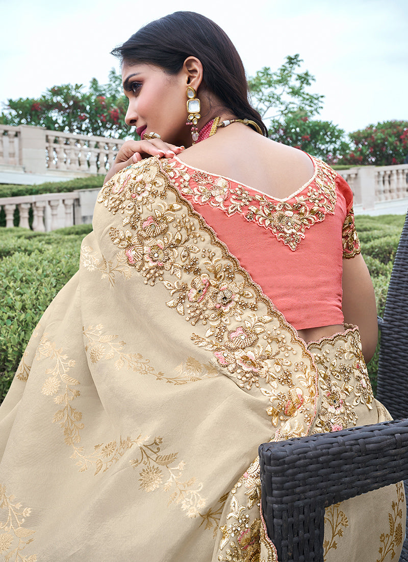 Beige Pure Tissue Silk Embroidery Work Occasional Wear Saree SW517632
