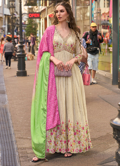Real Shimmer Silk Beige Festival Wear Embroidery Work Readymade Anarkali Suit 387222