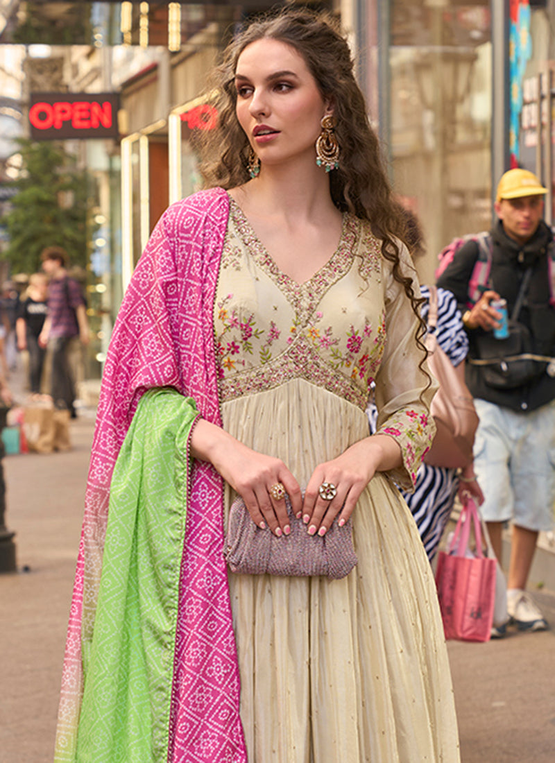 Real Shimmer Silk Beige Festival Wear Embroidery Work Readymade Anarkali Suit 387222