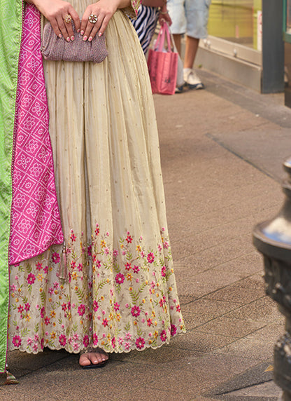 Real Shimmer Silk Beige Festival Wear Embroidery Work Readymade Anarkali Suit 387222