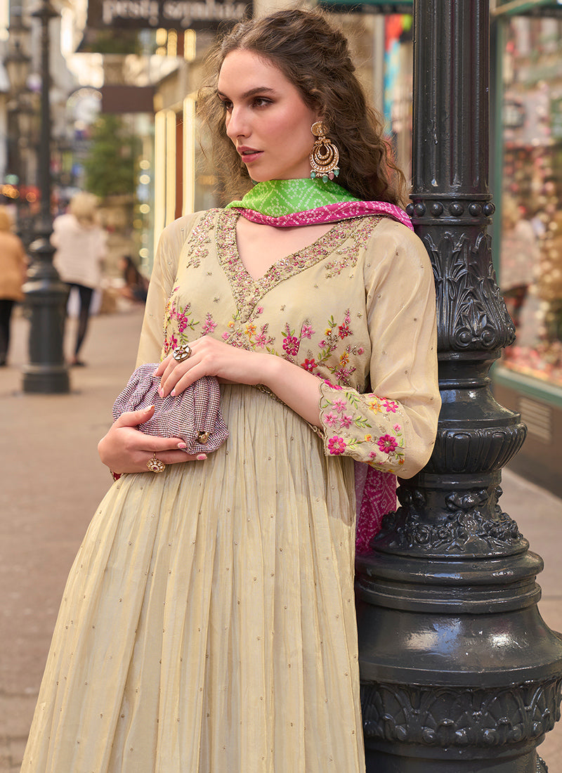 Real Shimmer Silk Beige Festival Wear Embroidery Work Readymade Anarkali Suit 387222