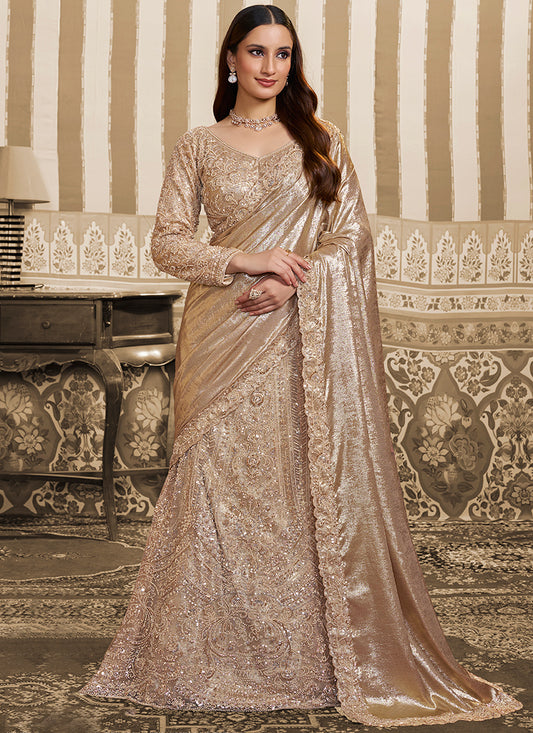 Beige Satin Embroidery Work Wedding Wear Ready To Wear Indowestern Saree SW720854