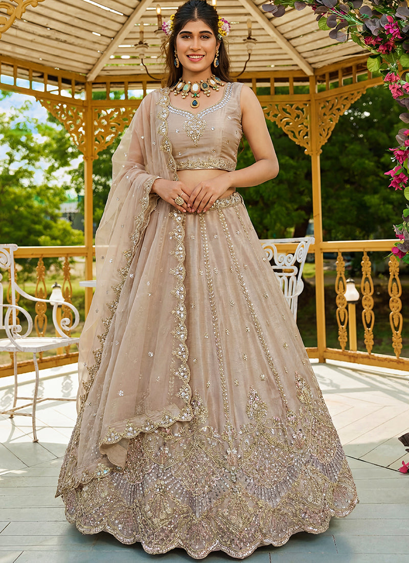 Beige Satin Hand Work Wedding Wear Lehenga Choli SW640650