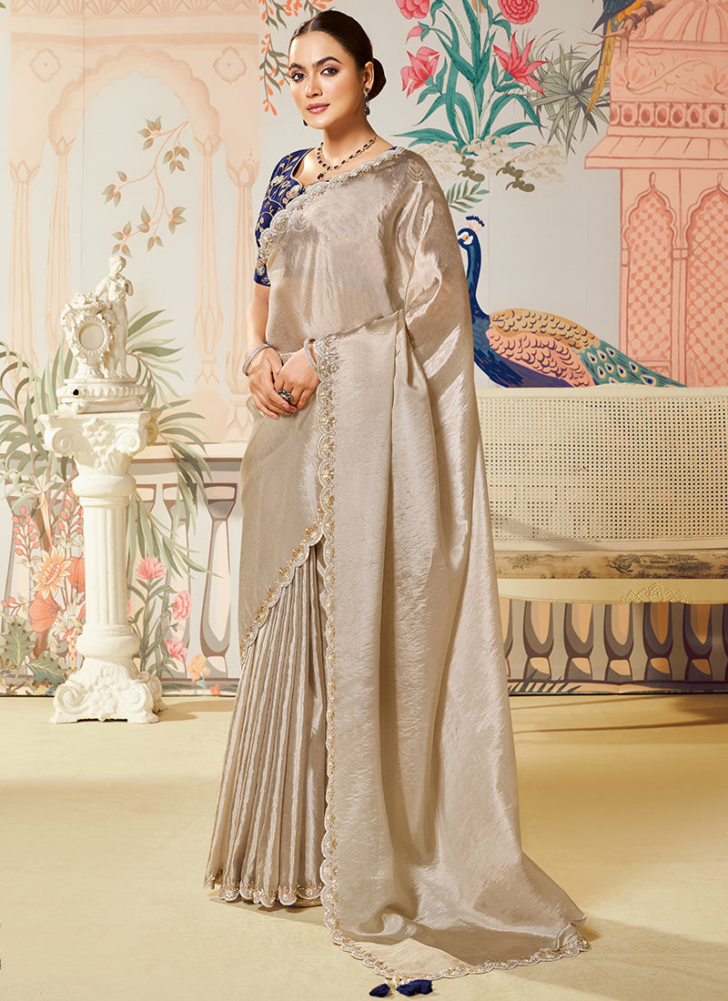 Silk Beige Saree with Embroidery Work for Festival Wear 385024