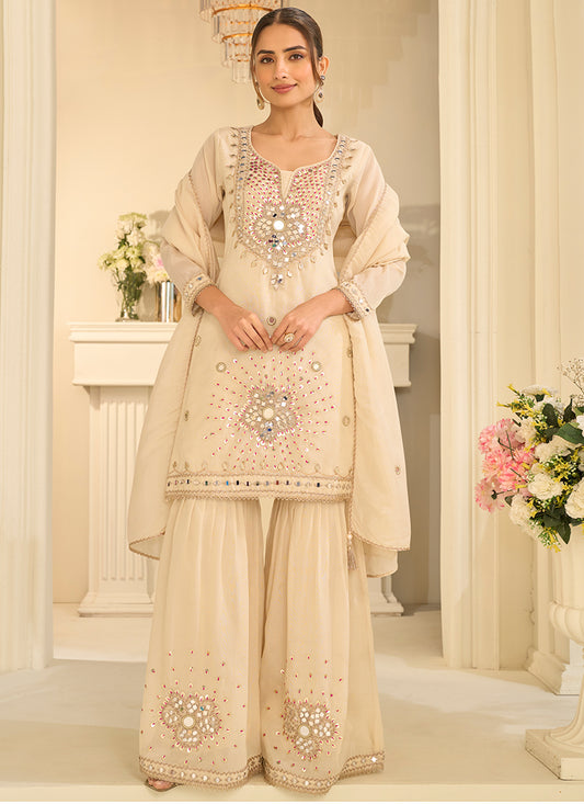 Silk Beige Party Wear Mirror Work Readymade Gharara Suit 390771