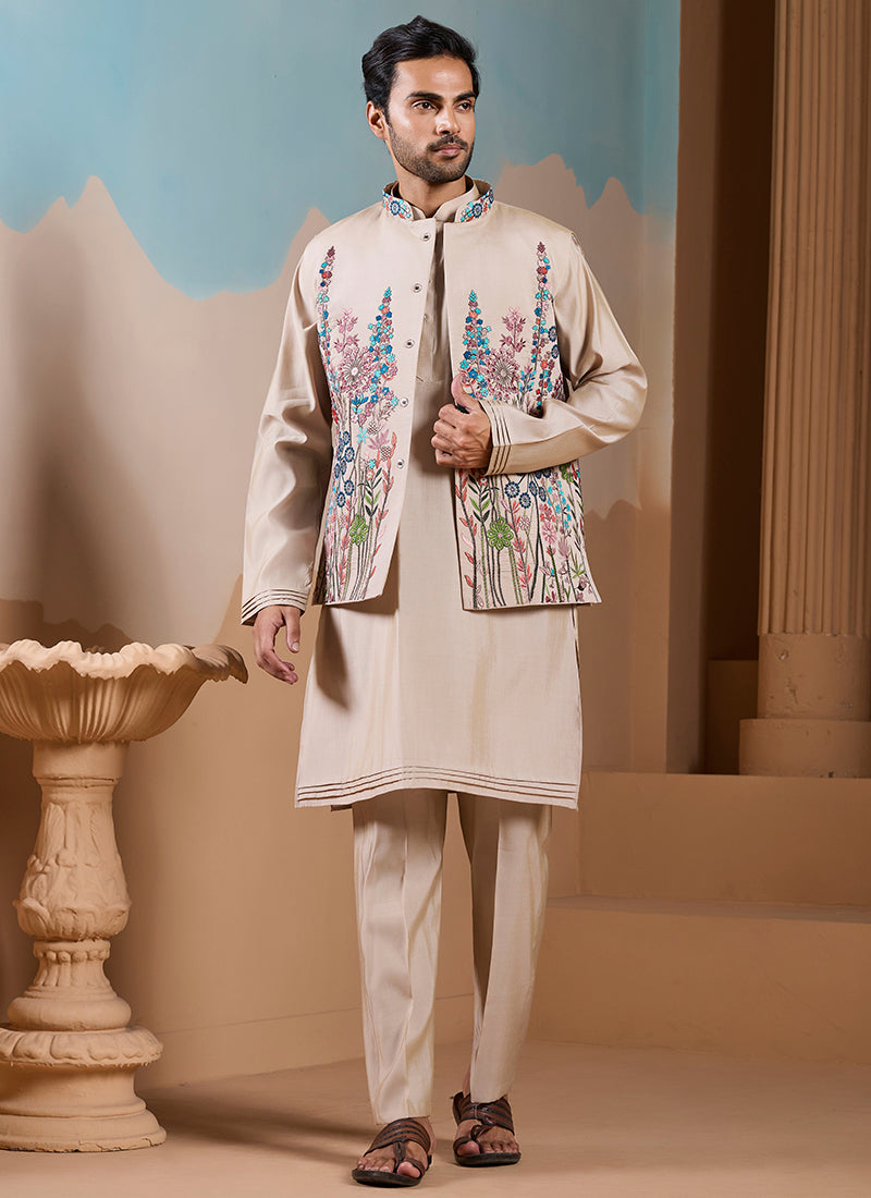 Silk Beige Wedding Wear Embroidery Work Readymade Kurta Pajama With Jacket 387114