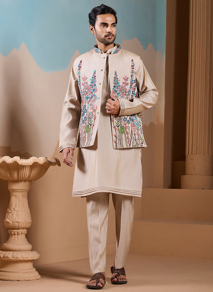 Silk Beige Wedding Wear Embroidery Work Readymade Kurta Pajama With Jacket 387114