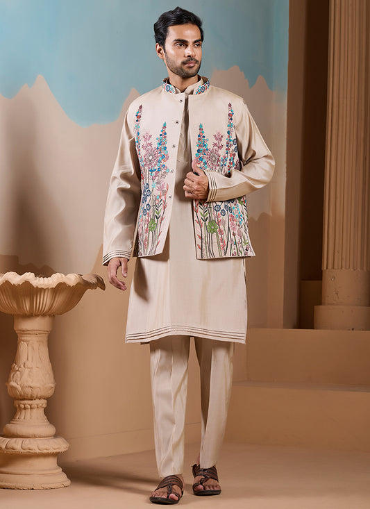 Silk Beige Wedding Wear Embroidery Work Readymade Kurta Pajama With Jacket 387114
