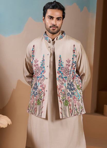 Silk Beige Wedding Wear Embroidery Work Readymade Kurta Pajama With Jacket 387114