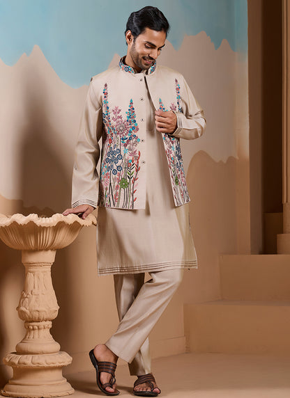 Silk Beige Wedding Wear Embroidery Work Readymade Kurta Pajama With Jacket 387114
