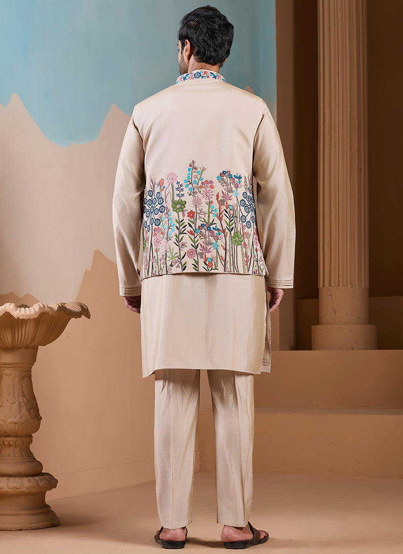Silk Beige Wedding Wear Embroidery Work Readymade Kurta Pajama With Jacket 387114