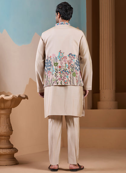 Silk Beige Wedding Wear Embroidery Work Readymade Kurta Pajama With Jacket 387114
