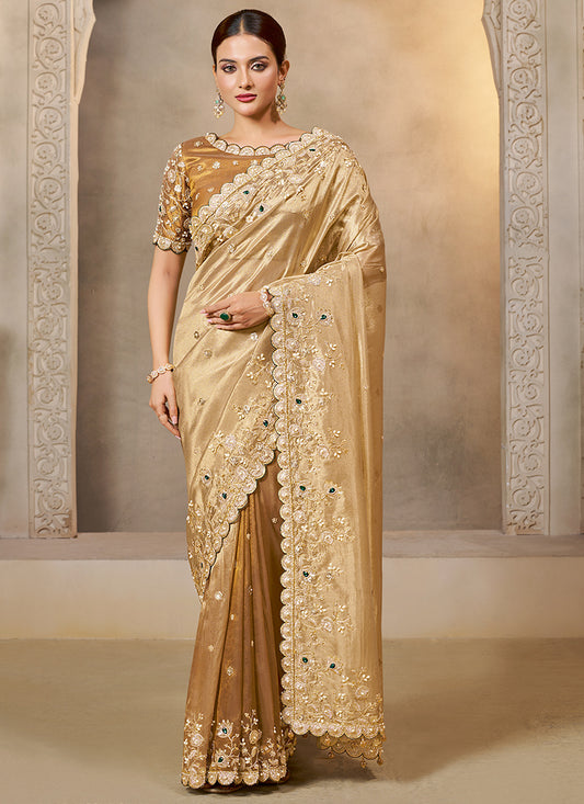 Silk Beige Wedding Wear Embroidery Work Saree 386109