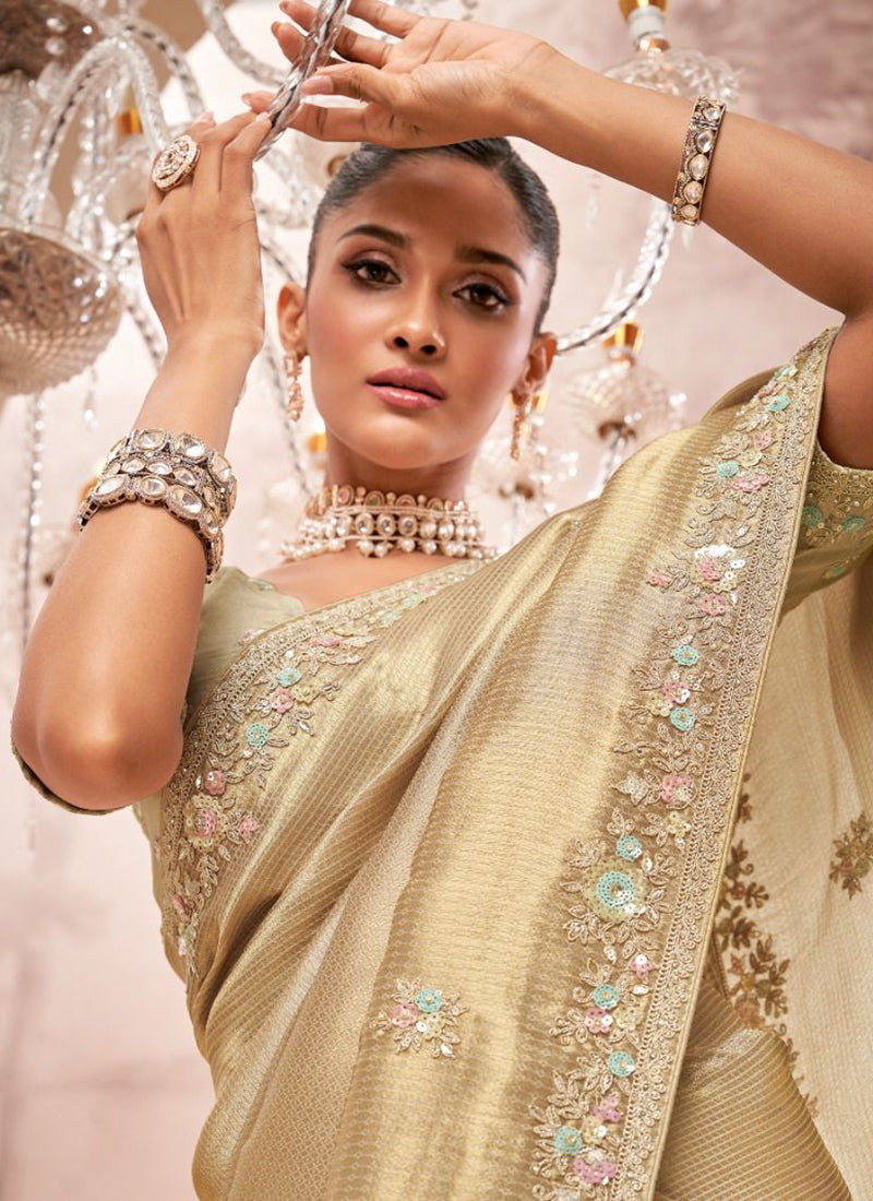 Beige Silk Hand Work Wedding Wear Saree SW723597