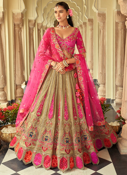 Silk Beige Wedding Wear Heavy Embroidery Cut Work Readymade Lehenga Choli 386497