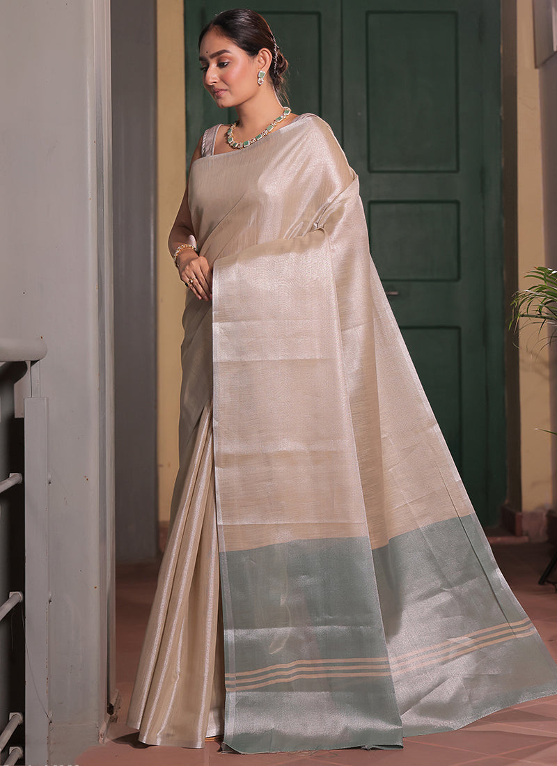 Tissue Silk Beige Saree with Weaving Work for Daily Wear 382890