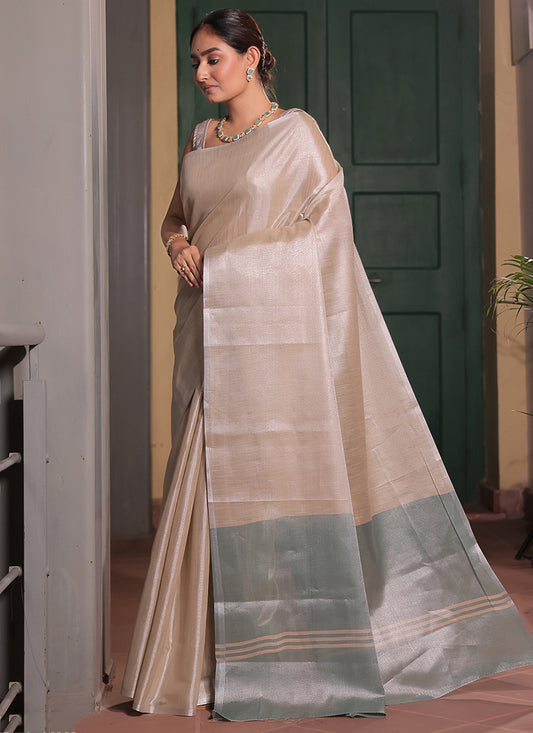 Tissue Silk Beige Saree with Weaving Work for Daily Wear 382890