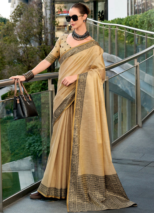 Beige Tissue Silk Printed Work Occasional Wear Saree SW496189